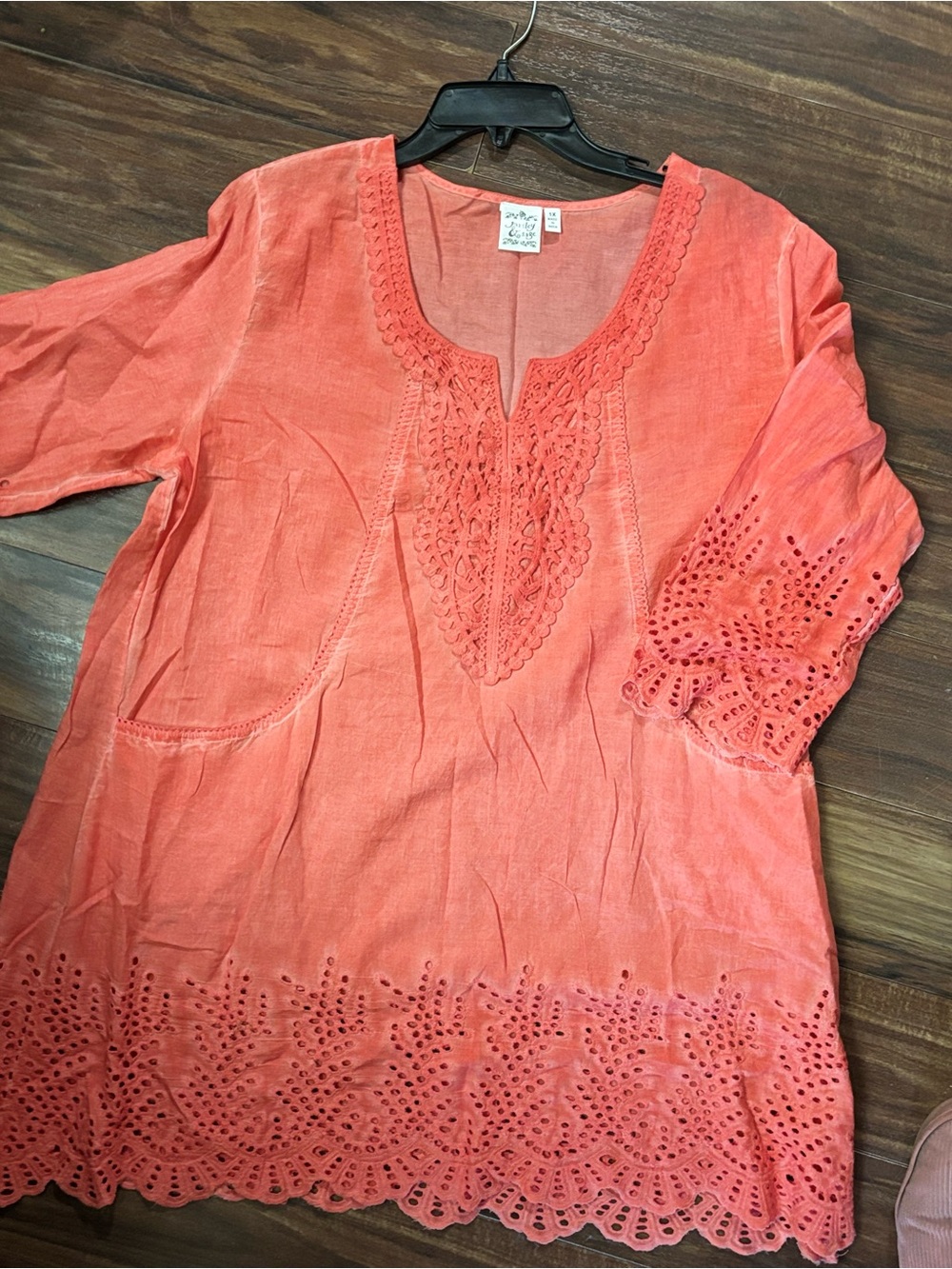 Parsley & sage coral mini dress Croquette lace eyelet trim v neck 1 xl pockets